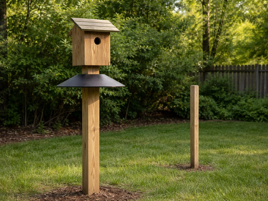 Backyard mounting setup with a small nesting box on a post, baffle, and clear orientation.