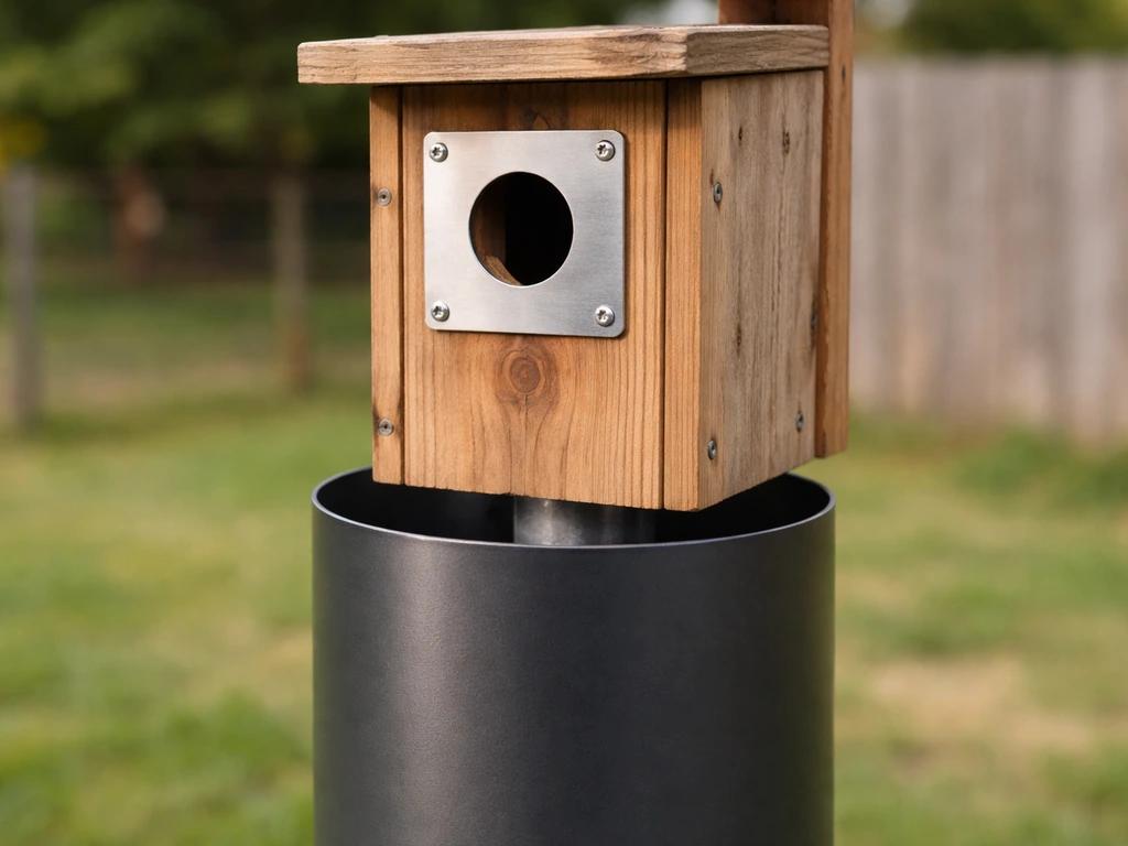 Close-up of a predator-proof baffle and metal entrance plate on a bird nest box mounting pole