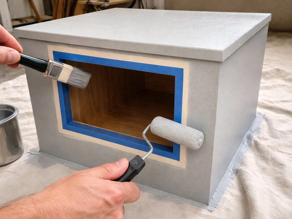 Painter’s masked box opening while applying light gray exterior paint on the outside surfaces