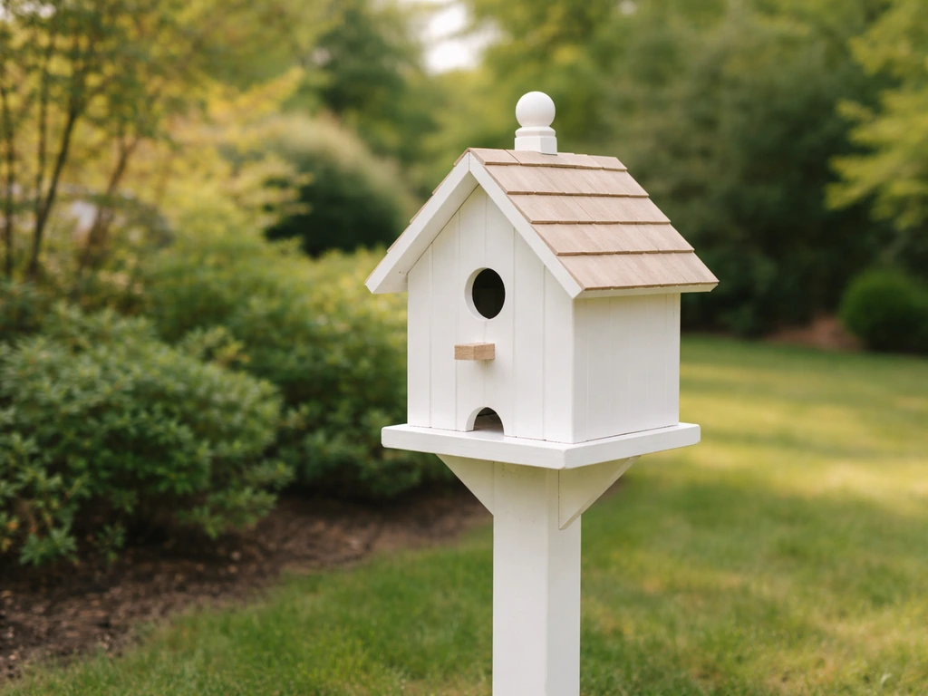 White bird house on a post in a green yard with shrubs softly blurred behind it.