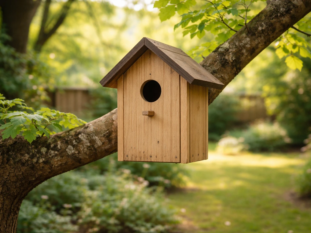 Wooden birdhouse mounted in a backyard tree with its entrance hole clearly visible.