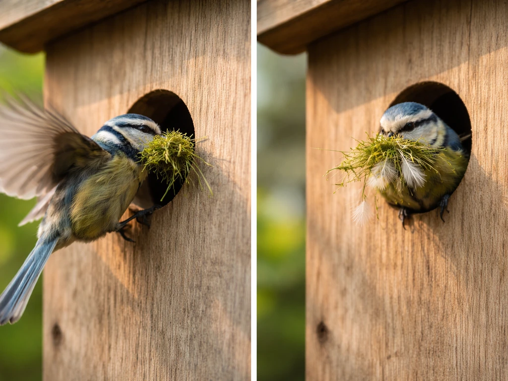 A small bird flies into a nest box entrance carrying nesting material, then perches at the hole