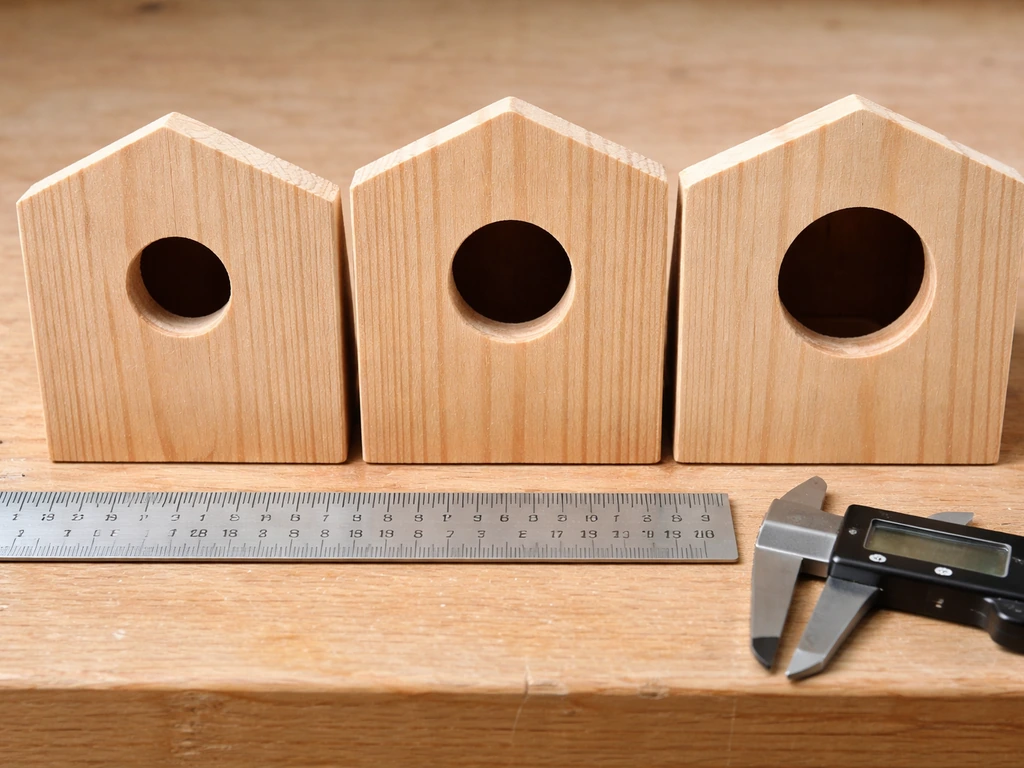 Close-up of birdhouse entrance holes in different sizes beside a ruler for scale