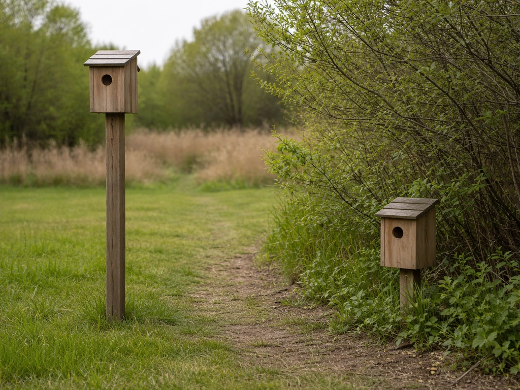 Birdhouse mounted on a post at safe ladder-free height in an open grassy area, with a nearby poorly placed box.