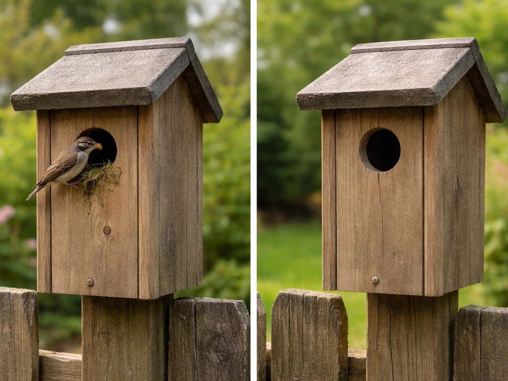 One birdhouse with an active entrance and nesting activity beside another unused birdhouse outdoors.