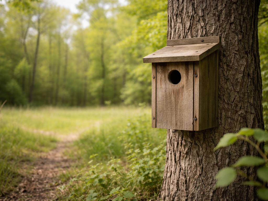 Wooden bird nest box mounted on a tree near a natural habitat edge with soft forest background