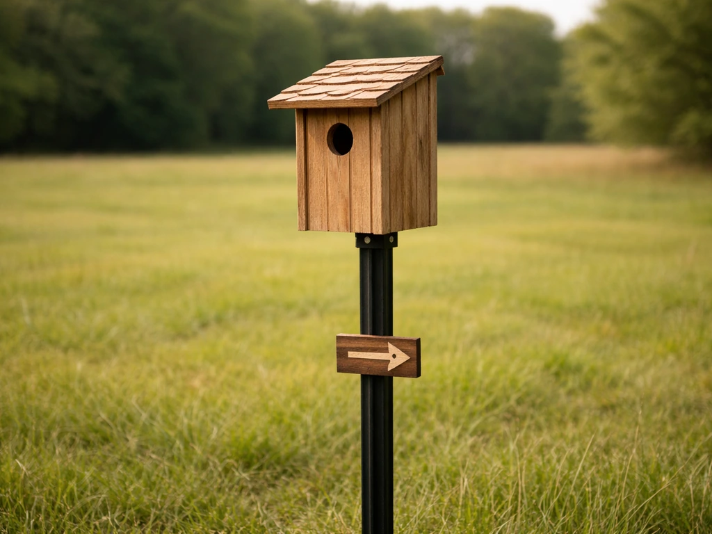 Bluebird nesting box mounted on a metal fence post in open grassy area, with clear orientation cues