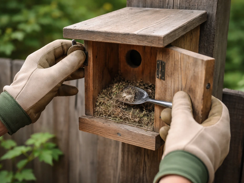 Close-up of hands safely inspecting a birdhouse opening, removing old nesting material with care