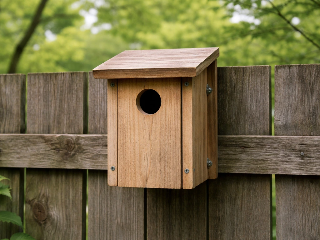 Empty cavity bird house on a backyard fence with natural spring light and mounting hardware visible.