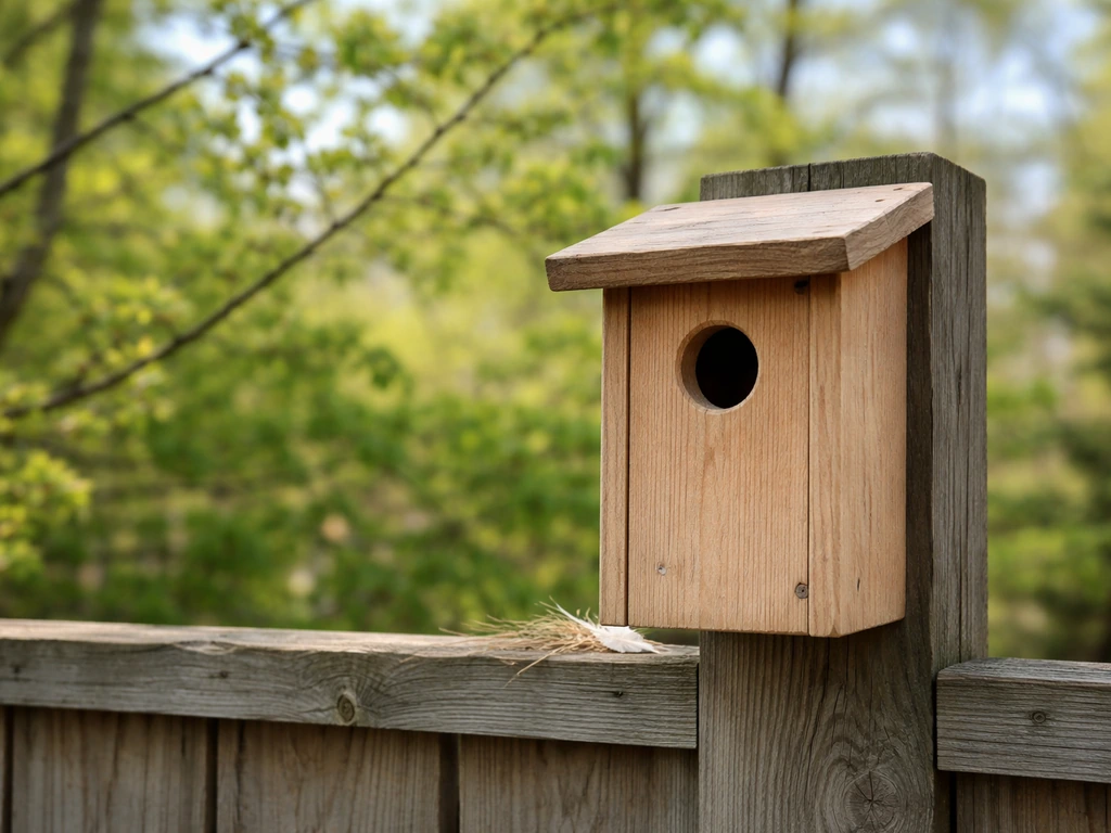 Empty cavity birdhouse on a fence in April backyard with fresh greenery, no birds present