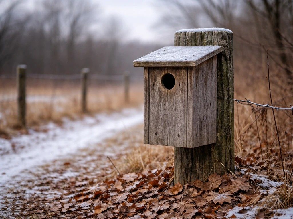 Wooden cavity nesting box on a fence with late-fall to early-winter seasonal cues, no people.