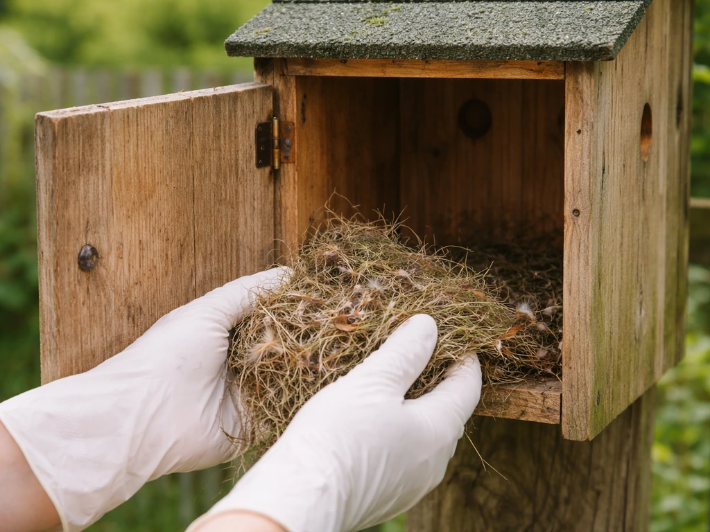 Gloved hands removing old nesting material from an empty bird box cavity outdoors.