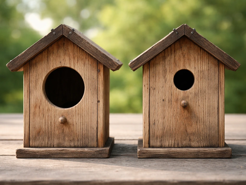 Two birdhouses on a porch, one with an oversized entrance hole and one with a properly sized hole.