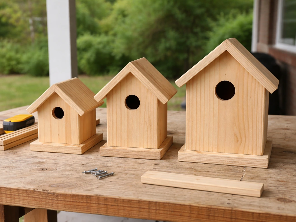 Three wooden birdhouses of different sizes with visible round entrance holes on a simple outdoor workbench
