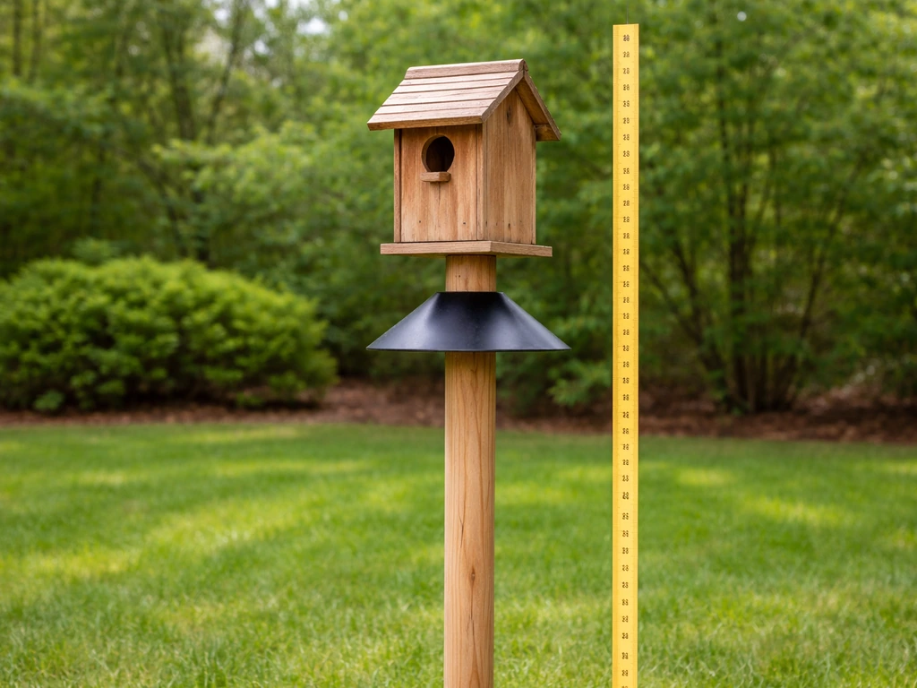 Birdhouse mounted on a post with a measuring tape height reference and a predator guard baffle nearby.