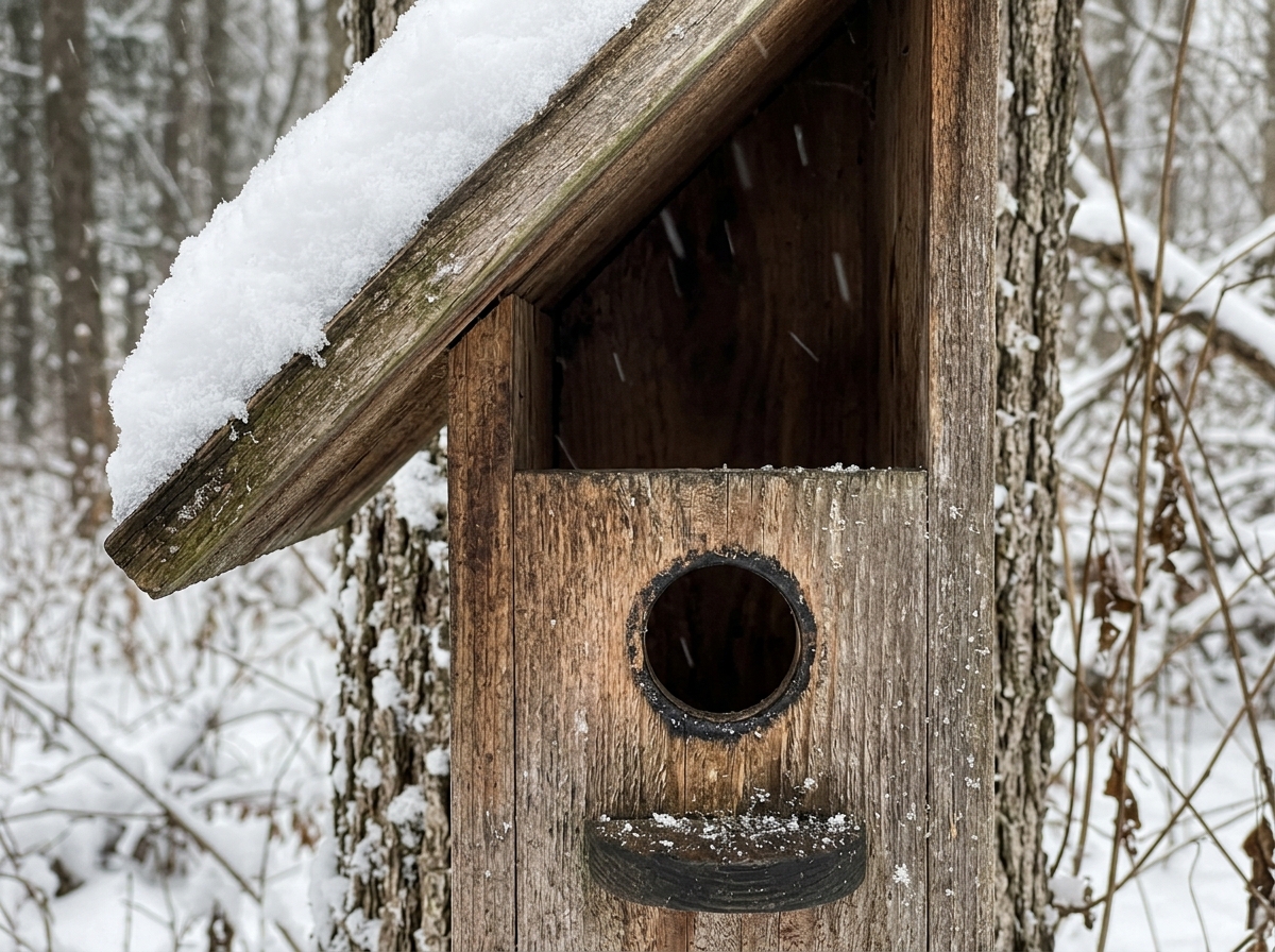 Entry hole near base of winter bird house with overhang blocking snow