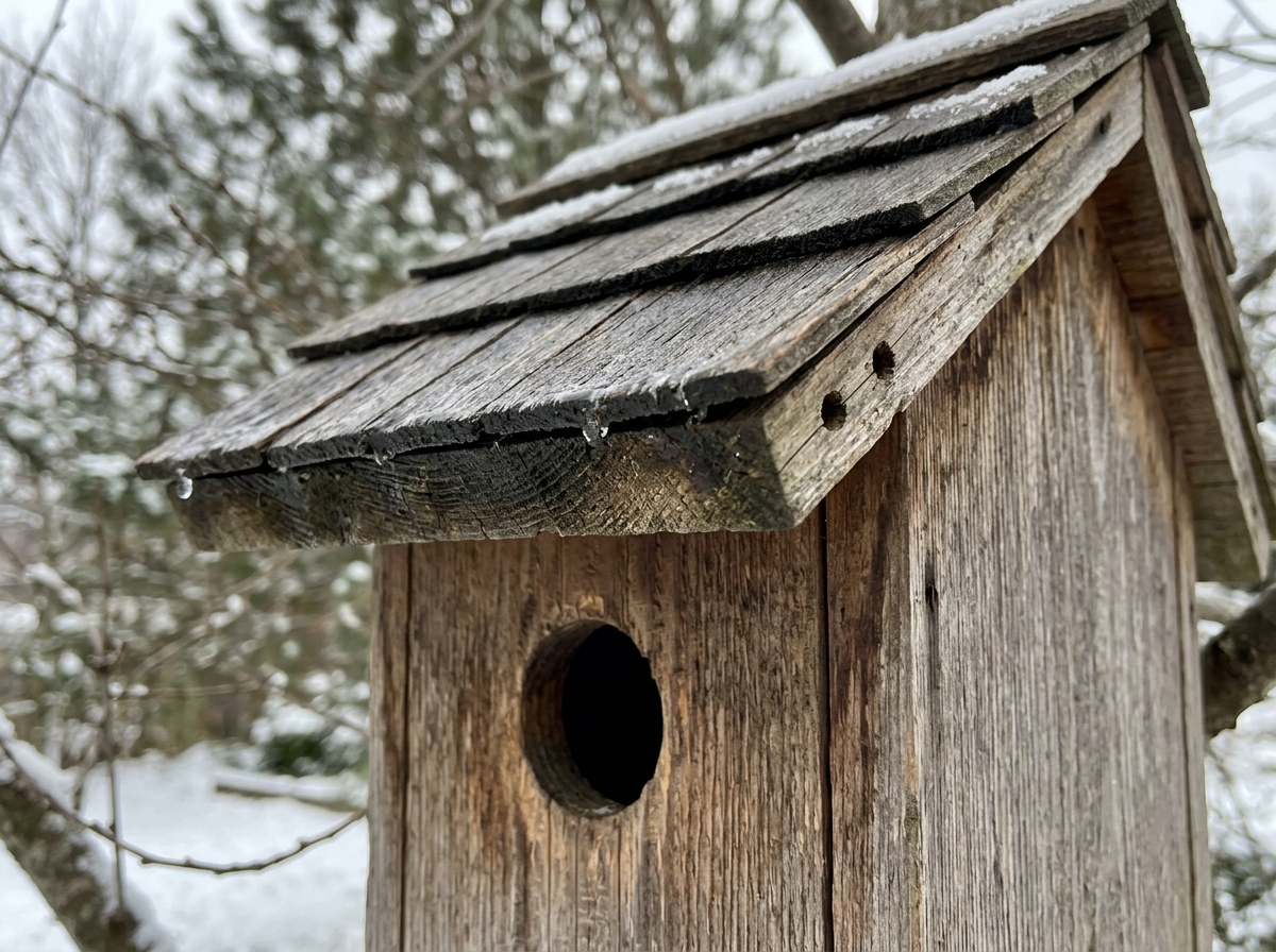 Winter bird house mounted under roof eave, 5+ feet high, predator-safe placement