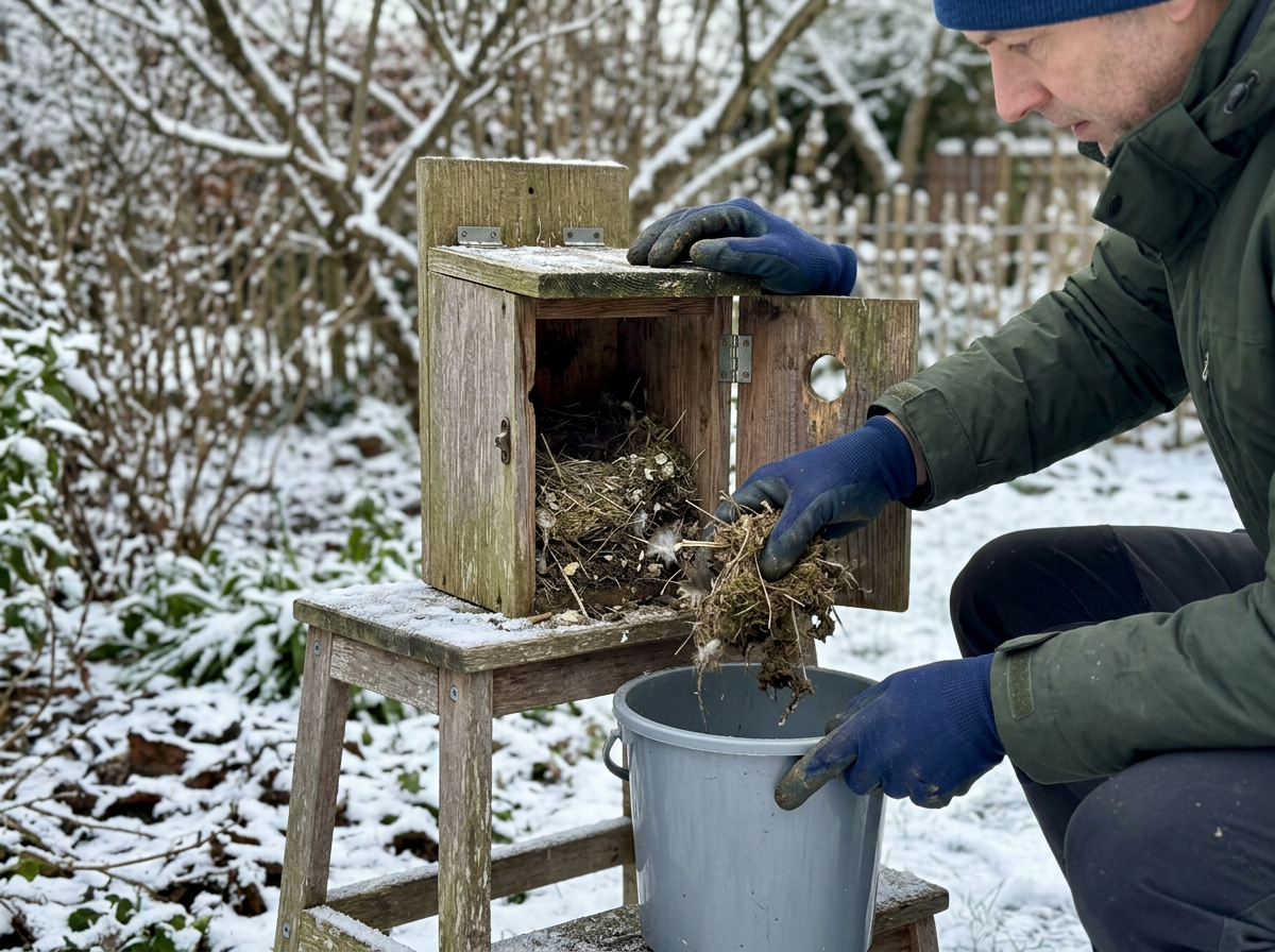 Winter bird house roof overhang with drainage holes at corners
