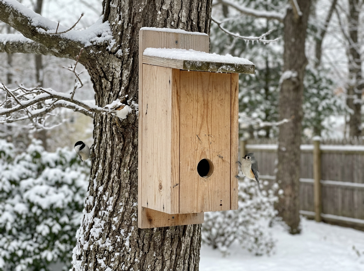 Cleaning out winter bird house with gloves and bucket before/after maintenance