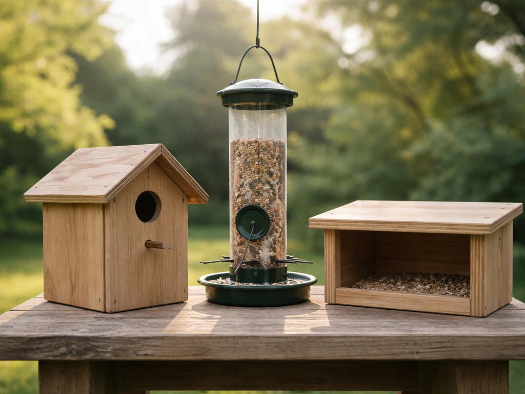 Three backyard bird structures together: nest box, hanging feeder, and a roost box on wood.