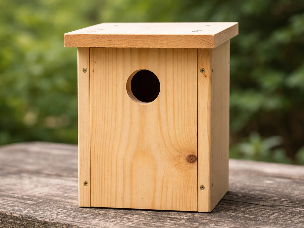 Close-up of a wooden enclosed bird cavity box with a round entrance hole and visible roof.