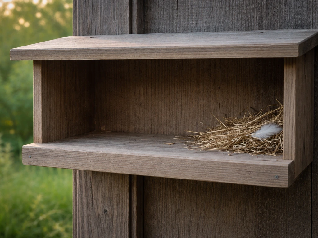 Low-lipped open shelf nesting shelter with a roof overhang, designed for birds that avoid enclosed cavities.