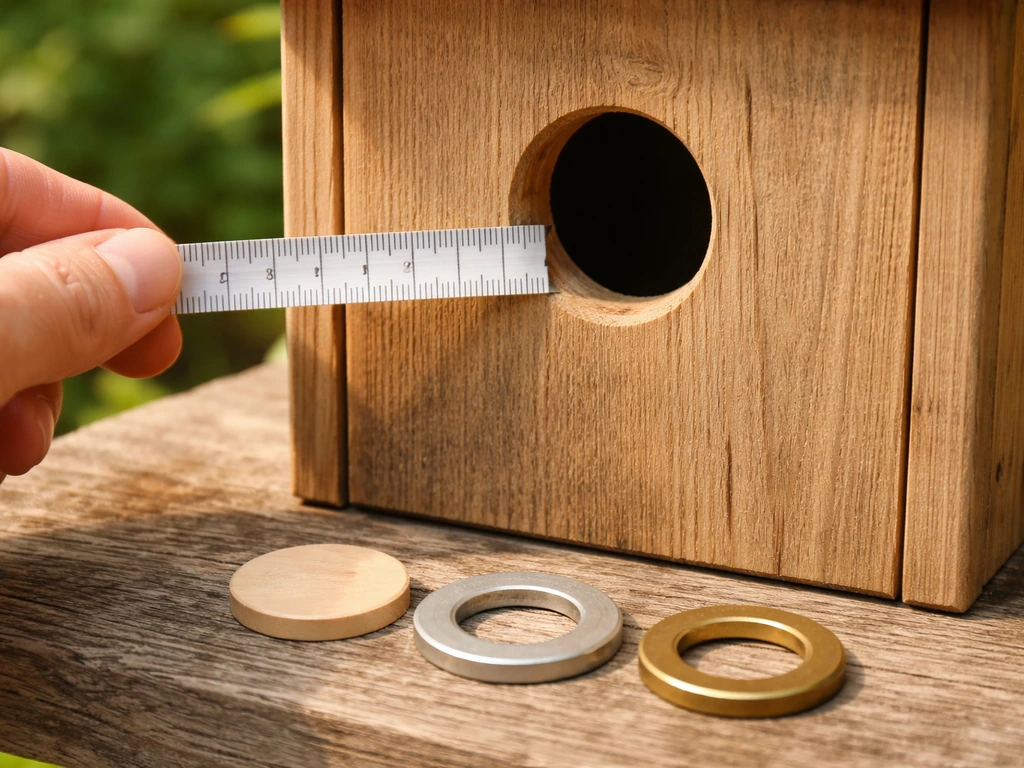 Close-up of a bird nest box entrance hole with a tape measure and sizing rings nearby.