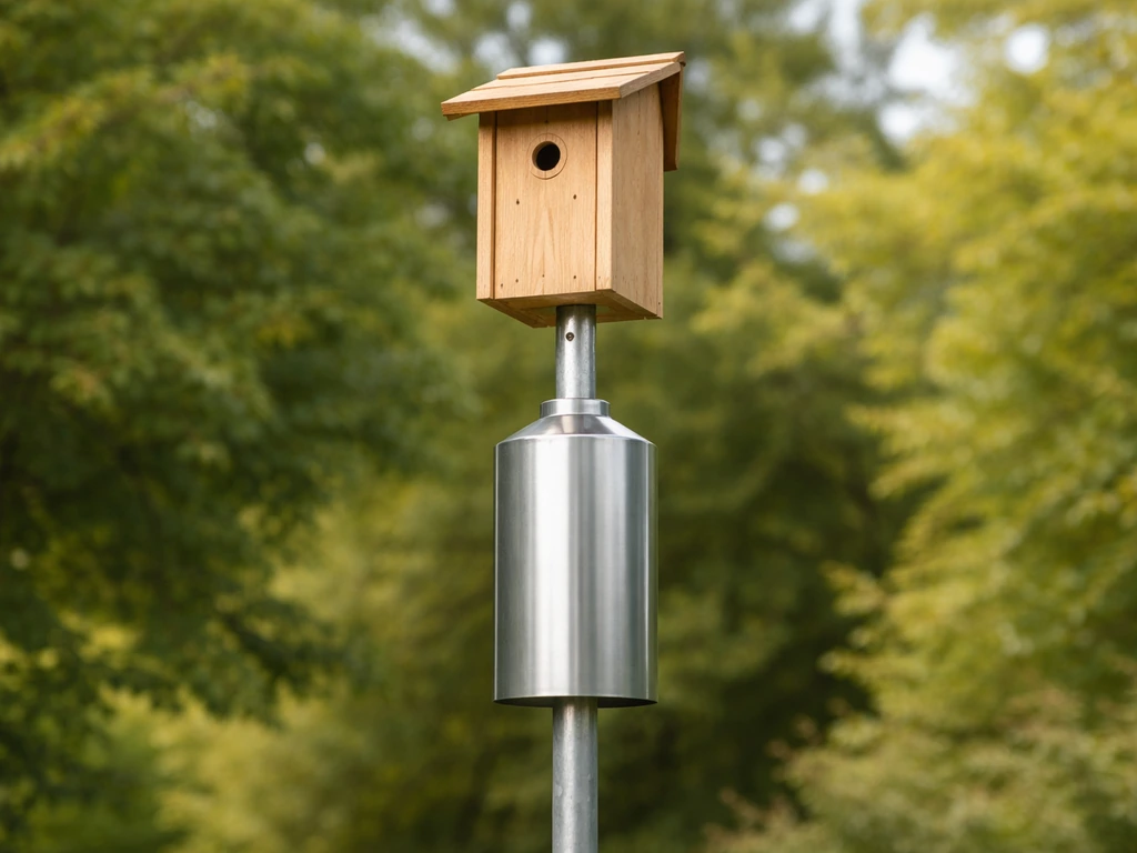 Bird nesting box mounted on a smooth metal pole with a cylindrical stovepipe-style baffle below.