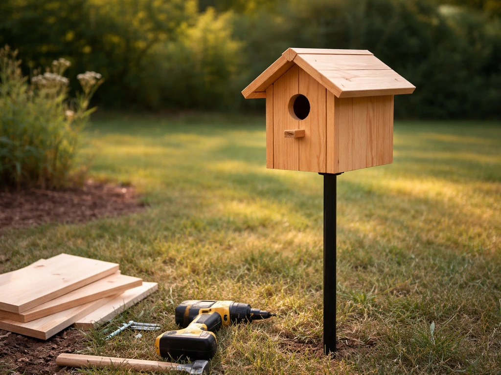 Finished wooden bird house mounted on a pole in a sunny backyard with a few tools and boards nearby.