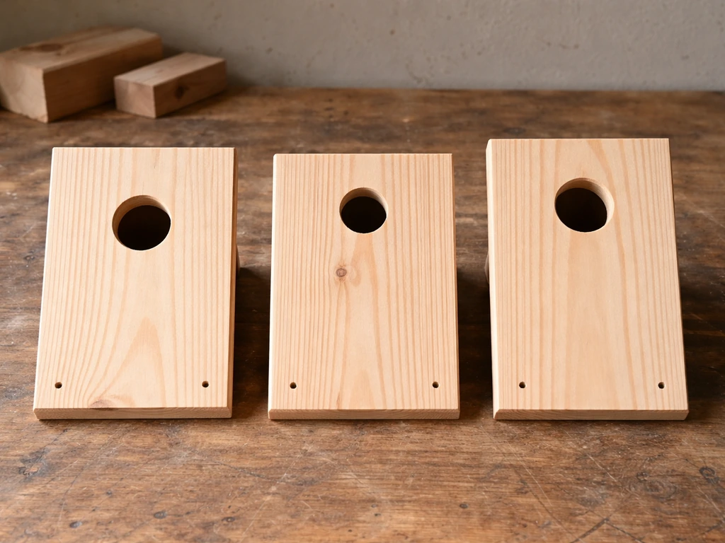 Three simple bird house front designs laid side-by-side on a workbench to compare entrance placement.