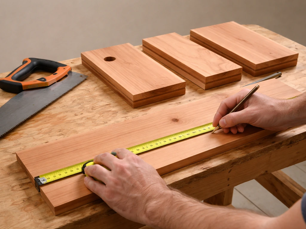 Hands mark a cedar board with a tape measure while bird house panels sit neatly on a workbench.