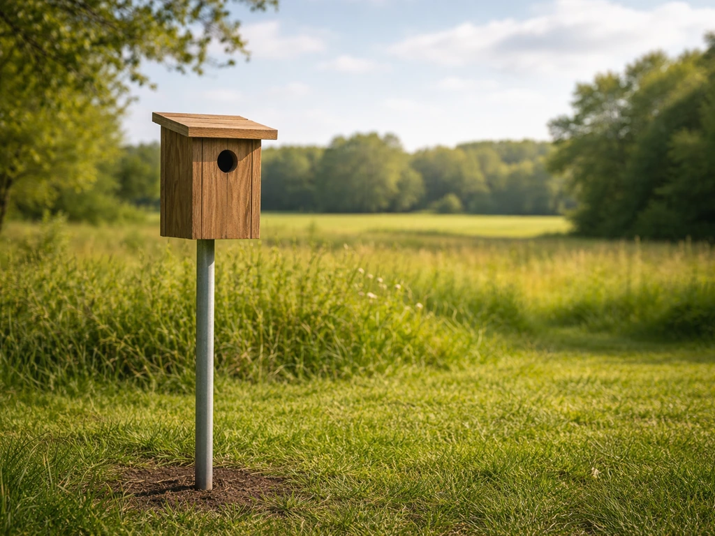 Bluebird nest box mounted on a smooth metal pole in open field, showing correct facing and height.