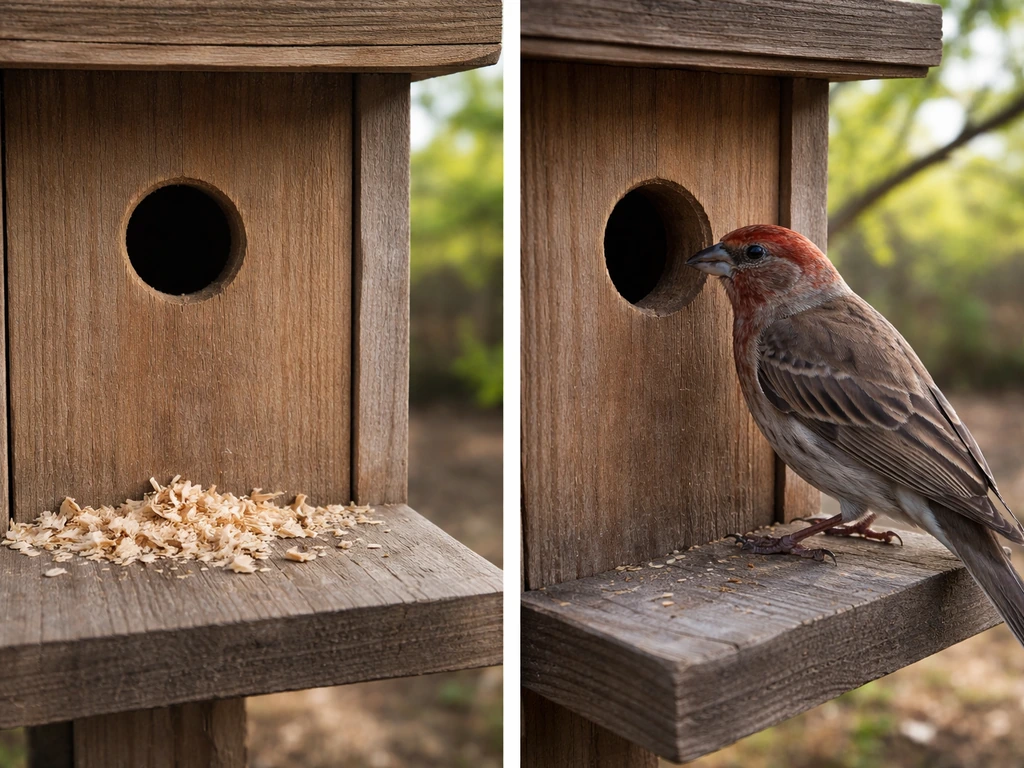 House finch near a wooden cavity nest box entrance beside an empty nest box.
