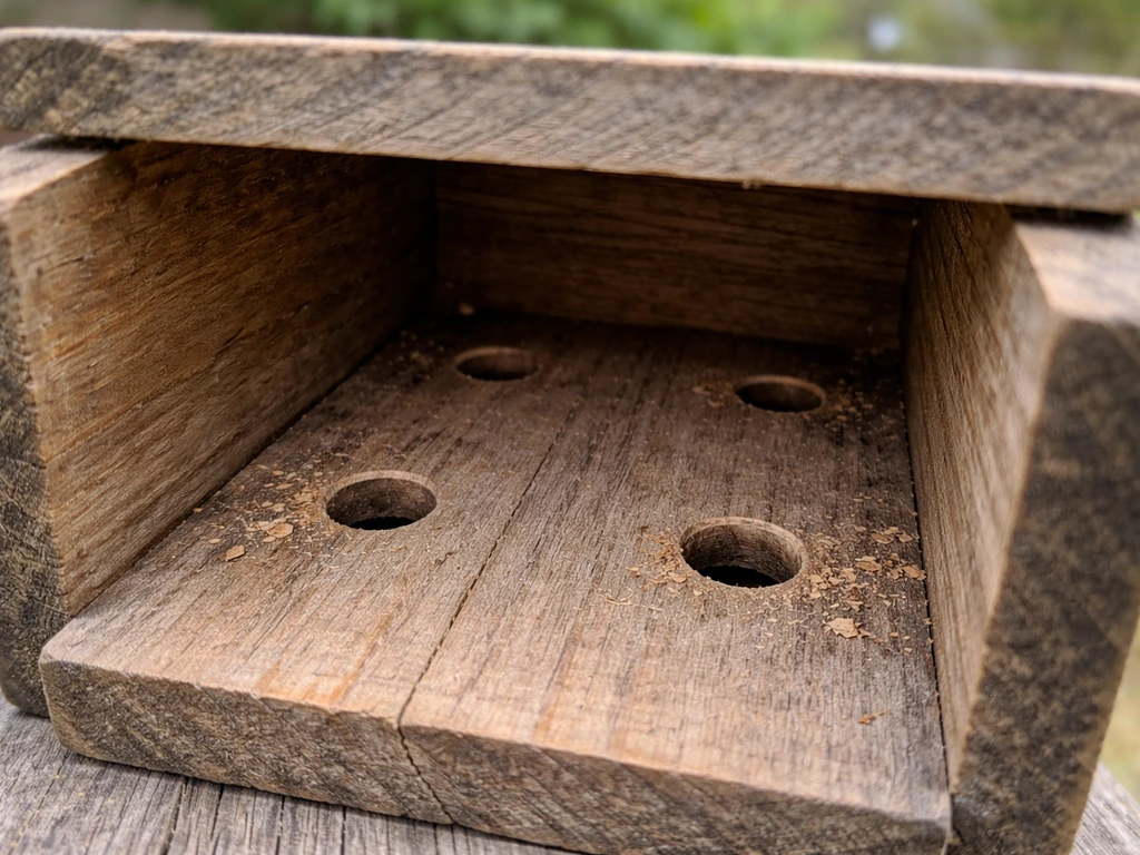 Close-up of a small wooden bird box floor with drilled drainage holes and dry interior