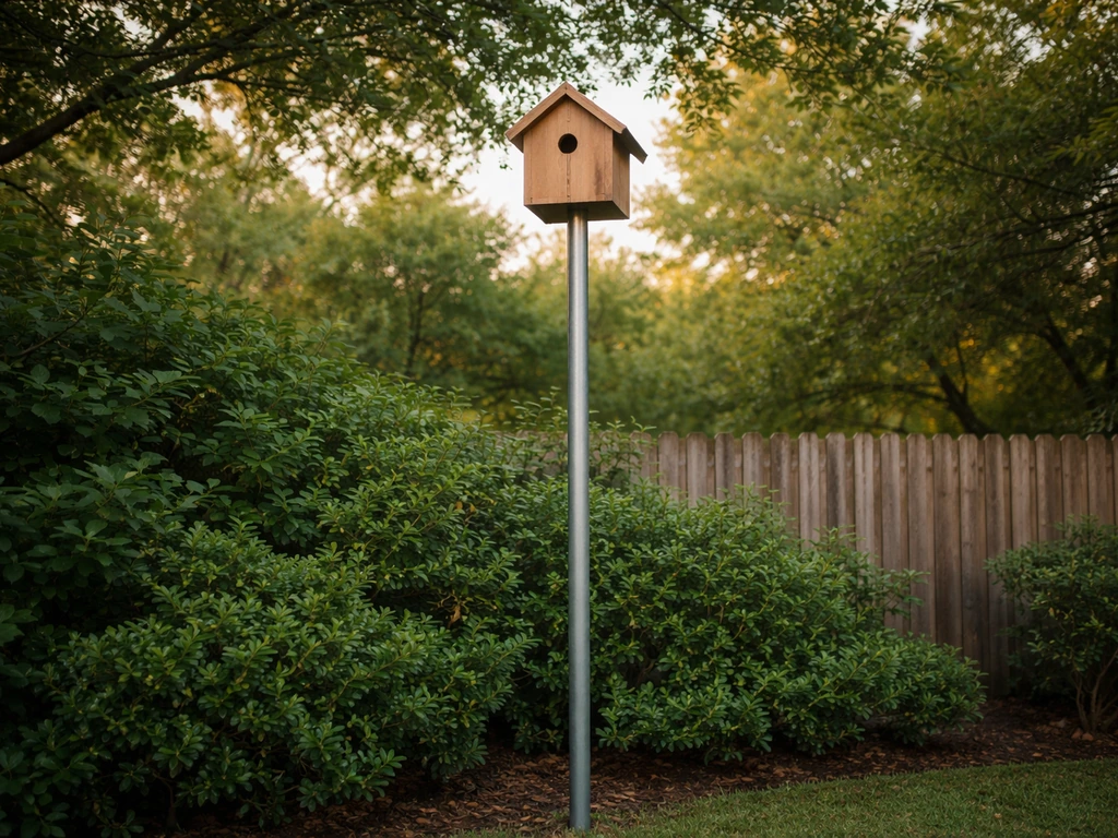 Nest box mounted on a smooth metal pole near shrubs and a fence line.