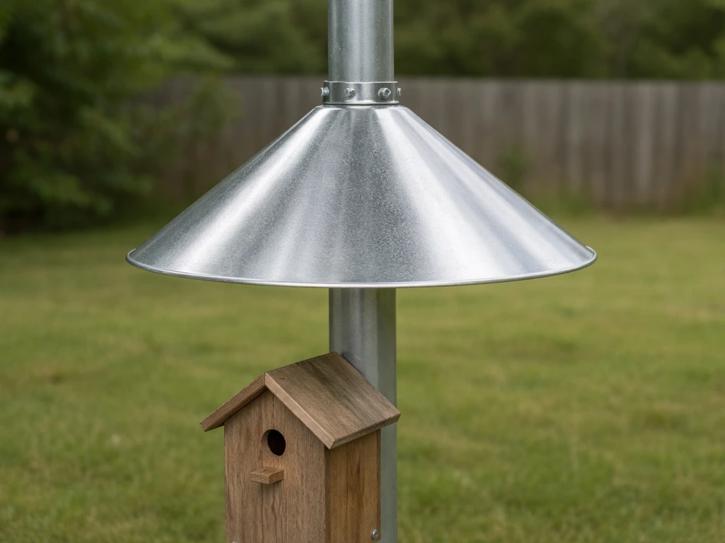 Metal cone baffle mounted above a small wildlife box on a smooth metal pole outdoors.