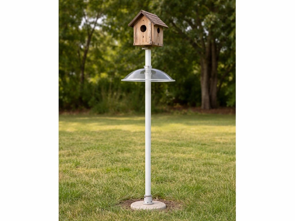 Predator-proof birdhouse pole with mounted box and baffle in a quiet backyard yard