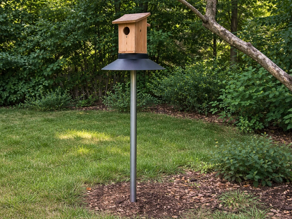 A backyard birdhouse on a smooth metal pole with a baffle and nearby perch branch, shown near ground.