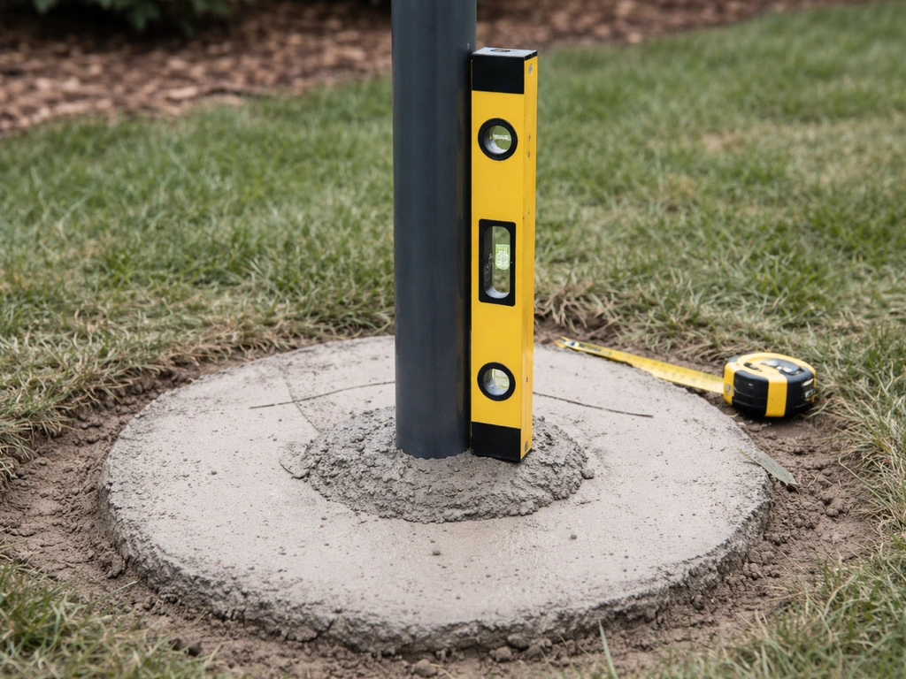 Metal pole in a level concrete footing with a carpenter’s level aligned to prevent tipping.