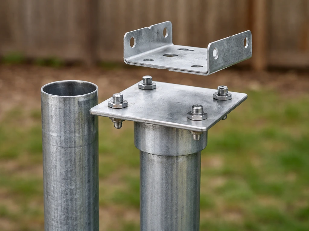 Outdoor close-up of a galvanized fence-post and EMT conduit with a metal flange and bolts for a birdhouse bracket.
