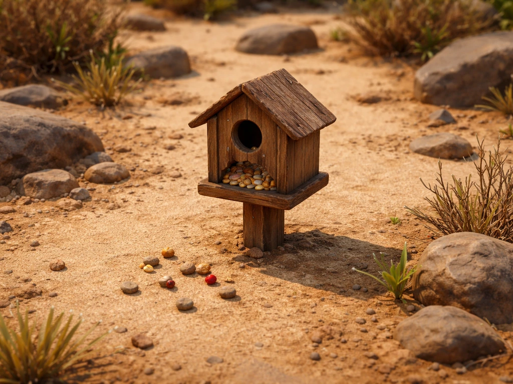 Close-up of an OSRS-style bird house trap on Fossil Island with bait seeds on sandy ground.