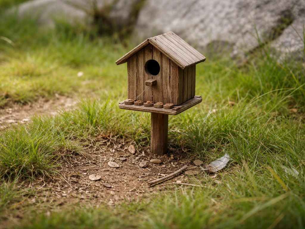 Close-up of a wooden birdhouse trap on grassy Fossil Island terrain, shown alone.