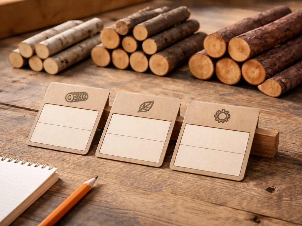 Minimal wooden workbench with blank tier cards and piles of different logs for a crafting level comparison.