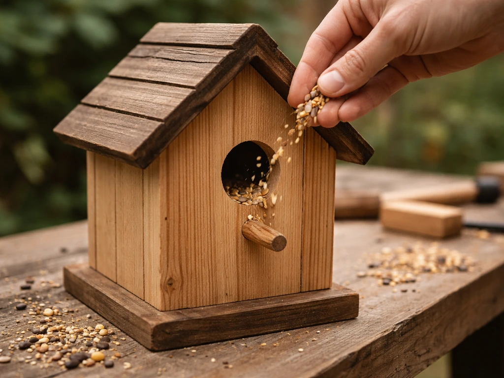 Close-up of a hand sprinkling bird seed into a wooden birdhouse entrance.