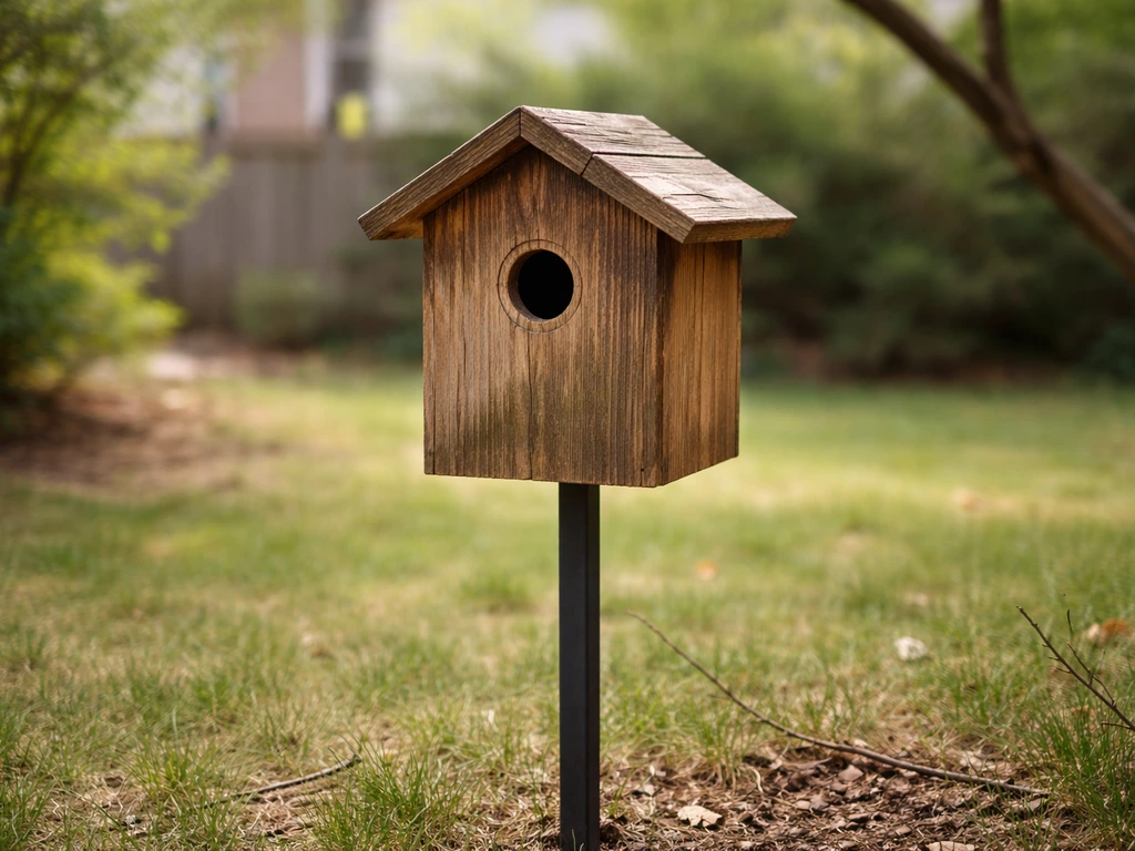 Wooden birdhouse on a pole in a yard, with a visible cavity entrance and natural surroundings.