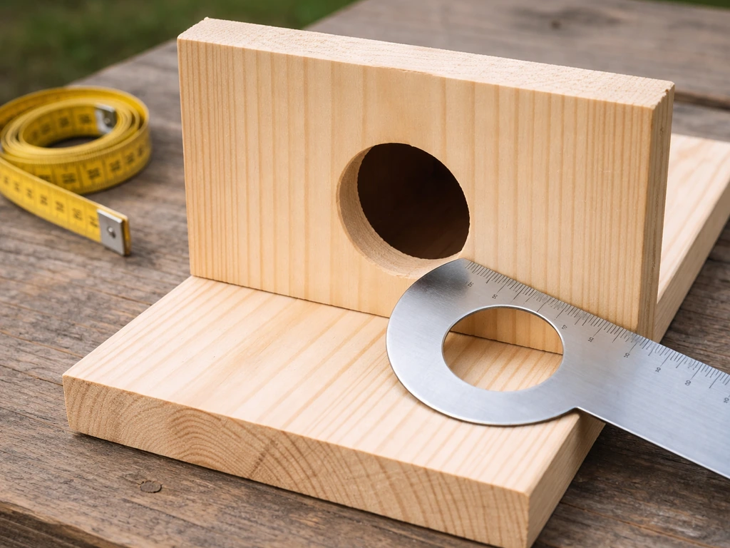Close-up of a wooden birdhouse entrance hole with a measuring tape and diameter gauge beside it.