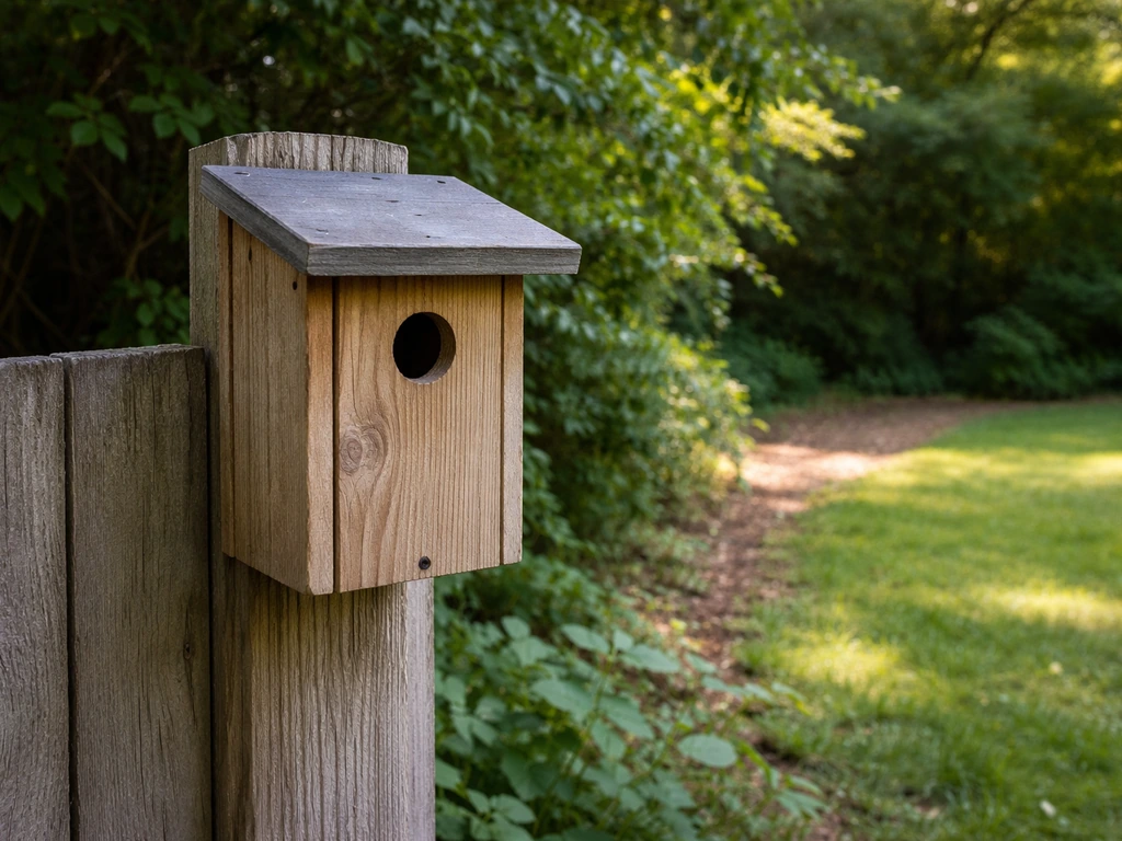 Bluebird nest box mounted on a fence post, showing shaded spot vs open low area for entrance.