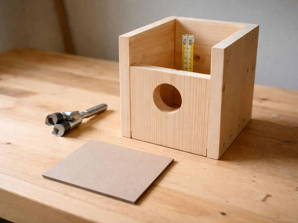 Birdhouse parts on a workbench with an entrance hole gauge, ruler, and cardboard floor template.
