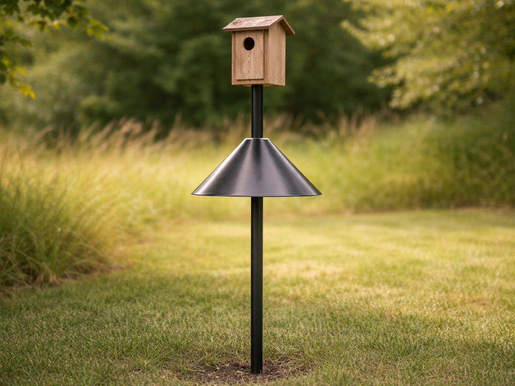 Close view of a pole-mounted nest box with a smooth metal stovepipe cone baffle beneath it.