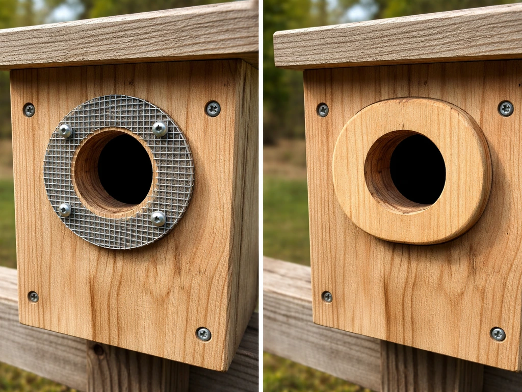 Close-up of a nesting box entrance protected by a wire mesh or wood predator guard.